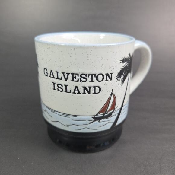 Galveston Island Speckled Stoneware Coffee Mug Cup 10 oz Blue Embossed Sailboat - Picture 2 of 9